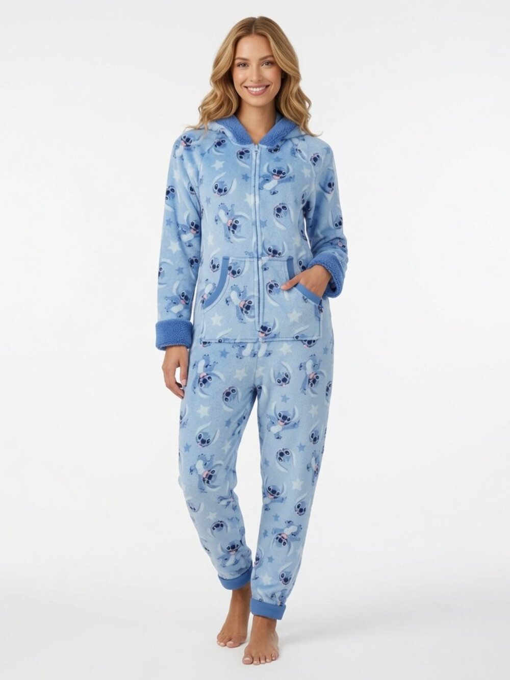 Disney Stitch Women's Plush Fleece One Piece Pajama Onesie Hooded Lounger Cozy